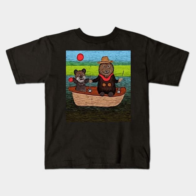 watercolor groundhog fishing with teddy bear Kids T-Shirt by Catbrat